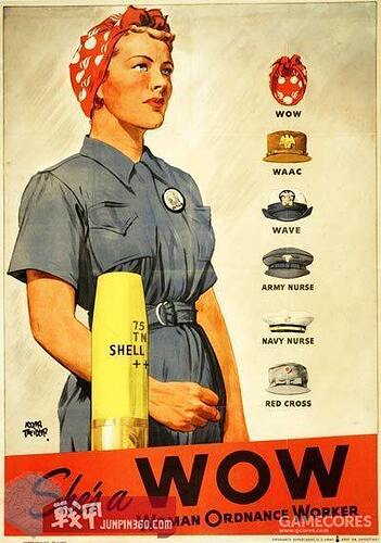 很著名的一张海报，呈现了美国女性在战争中承担的职位