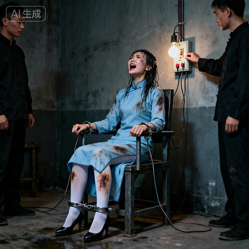jimeng-2025-11-10-8712-刑讯室内，一位身着长袖高领长款朴素浅蓝色民国旗袍的素颜中国美女杂技演员坐在一个铁...