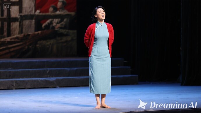 jimeng-2025-06-02-456-在舞台上，剧中主角，江姐， 面容姣好成熟的女革命者，穿着浅蓝色旗袍，外面套一件红色毛衣敞开着，露出大部分旗袍，光脚，双臂背在身后，放声高歌