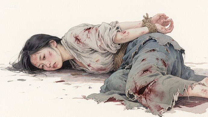 jimeng-2025-08-01-4890-水彩画，东方女子俯卧在地,双手绑在身后,衣衫破烂,遍体伤痕,表情不屈,比例 「1...