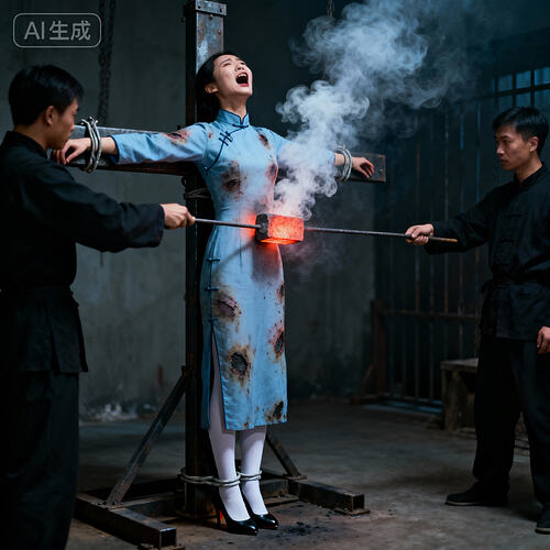 jimeng-2025-11-10-7030-刑讯室内，一位身着长袖高领长款朴素浅蓝色民国旗袍的素颜中国美女杂技演员被双臂平伸...