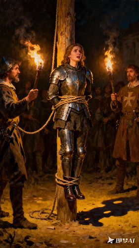 圣女贞德反绑在一根細木桩刑柱上，貞德脚穿軍靴站在木桩前...