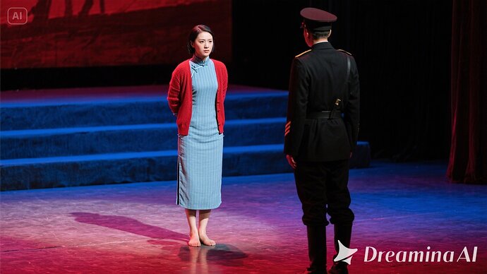 jimeng-2025-06-02-443-在舞台上，剧中主角，江姐， 面容姣好年轻的女革命者，穿着浅蓝色旗袍，外面套一件红色毛衣敞开着，露出大部分旗袍，光脚，双臂背在身后，怒目相对一名黑衣特务。
