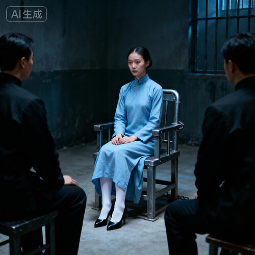 jimeng-2025-11-10-3671-刑讯室内，一位身着长袖高领长款朴素浅蓝色民国旗袍的素颜中国美女杂技演员坐在一个铁...