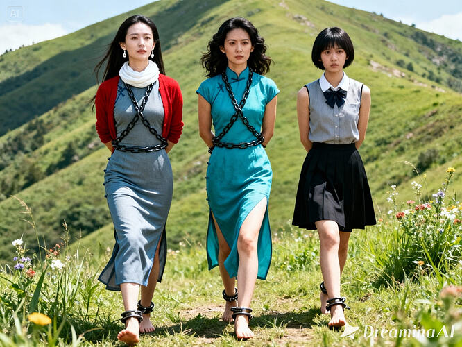 dreamina-2025-11-04-6360-女烈肖像1 生成一幅清晰的写实摄影图片:三位女烈的正面从头到脚的全身像:左边...