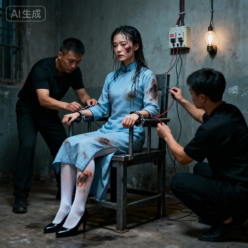 jimeng-2025-11-10-9598-刑讯室内，一位身着长袖高领长款朴素浅蓝色民国旗袍的素颜中国美女杂技演员坐在一个铁...