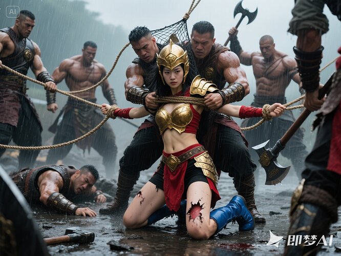 jimeng-2025-05-22-19-天下着雨，这里正在发生一场殊死的战斗，一位亚洲面孔的美丽、英武的女将军，穿着金色盔甲，红色露脐战袍，黑色短裤，兰色靴子，战袍和短裤破损了，露出姑娘细嫩的皮肤，...