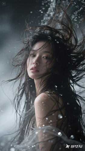 jimeng-2025-06-26-7628-绝美，女子，长发，头发凌乱而突出，敞开，透明，特写，抽象，狂乱，失控，低饱和，灰...