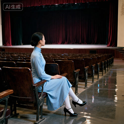 jimeng-2025-11-10-9933-身着长袖高领长款浅蓝色朴素民国旗袍的素颜中国美女杂技演员在一个没有人的剧场的观众...