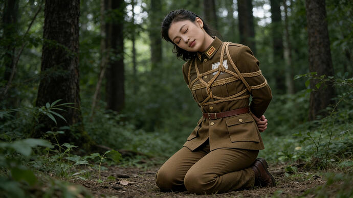 jimeng-2025-12-17-6675-把图1女子的表情改成闭眼沉睡歪头, 双手反剪在背后, 背景改成图2的背景, 衣服...