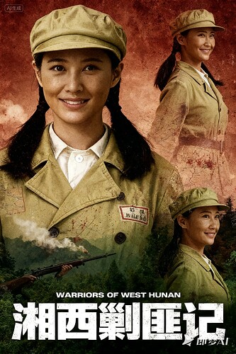 jimeng-2025-09-16-2031-参考图1的复古电影海报风格和排版，将图2中的三位女战士进行多重曝光处理：左侧放置...