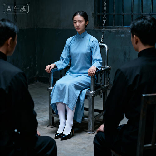 jimeng-2025-11-10-5603-刑讯室内，一位身着长袖高领长款朴素浅蓝色民国旗袍的素颜中国美女杂技演员坐在一个铁...