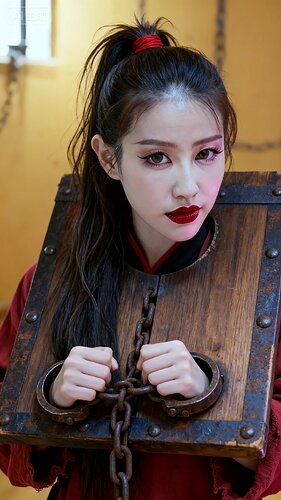jimeng-2025-10-06-1777-对戴枷女子进行半身特写，画面超高清重绘，呈现极致细节，具有电影画质。去除所有与人....