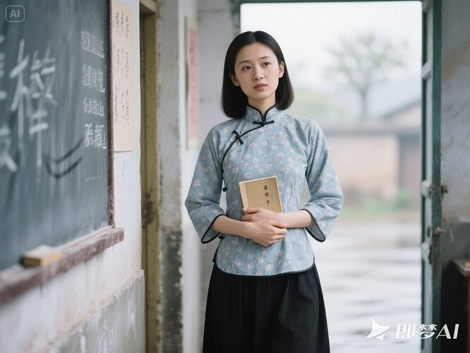 校园-淡蓝小花大襟上课1