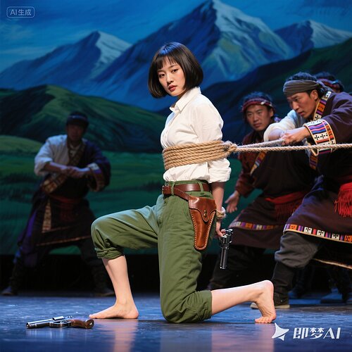 jimeng-2025-08-02-8135-舞台剧，亚洲美女，齐耳短发，白衬衣，草绿色裤子，裤脚挽起到膝盖，赤足皮带，手枪皮...