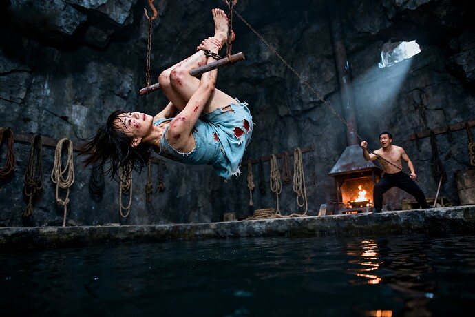 jimeng-2025-09-27-1269-昏暗的石洞里，一个女人，近景，高圆圆面容，中短发被风吹散，额角发丝坠落，练习跳水...