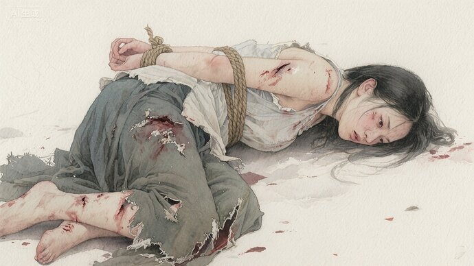 jimeng-2025-08-01-3382-水彩画，东方女子俯卧在地,双手绑在身后,衣衫破烂,遍体伤痕,表情不屈,比例 「1...