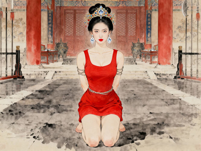 dreamina-2025-11-05-5505-生成一副清晰写实的彩色工笔国画：正面全身（从头到脚）像：美人风姐，皮肤白皙，黑发...