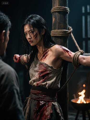 jimeng-2025-05-30-4290-刑讯室内，受到拷打的东方女英雄。双手被绑在身后的刑柱上。染血破布遮缠胸，露出肩腰...