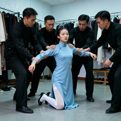 jimeng-2025-11-10-6218-更衣室内，一位身着长袖高领长款朴素浅蓝色民国旗袍的素颜中国美女杂技演员，腿上穿白...