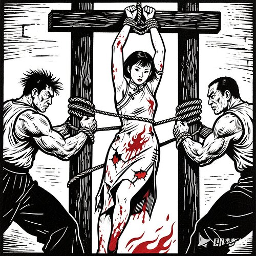 jimeng-2025-05-26-276-打手们从刑讯架上拽下那根还残留着血迹的绳子，抻开年轻女子林雪的双臂，将她的手腕紧紧拴住，猛地用力一拉，林雪的双臂瞬间被高高吊起，整个人悬在半空5，