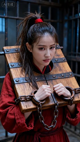 jimeng-2025-10-06-3745-对戴枷女子进行半身特写，画面超高清重绘，呈现极致细节，具有电影画质。去除所有与人....