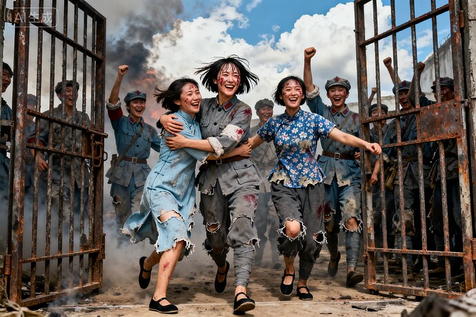 jimeng-2025-09-26-6292-不对称构图，细节完美，杰作。 硝烟弥漫的女牢，锈铁栅栏门扭曲，胜利归来的满身伤痕...