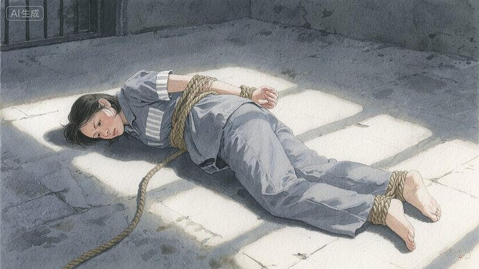 jimeng-2025-08-01-2596-水彩画，女囚俯卧在地,双手绑在身后,表情不屈,比例 「16_9」
