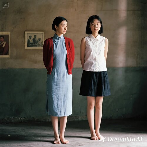 jimeng-2025-06-02-106-江姐， 面容姣好的女革命者，穿着浅蓝色旗袍，外面套一件红色毛衣敞开着，露出大部分旗袍，光脚，双臂背在身后；另一名女青年， 上身穿无袖白衫，下身黑色短裙，也是...