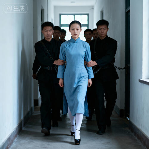 jimeng-2025-11-10-2554-走廊里，一位身着长袖高领长款朴素浅蓝色民国旗袍的素颜中国美女杂技演员，腿上穿白色...