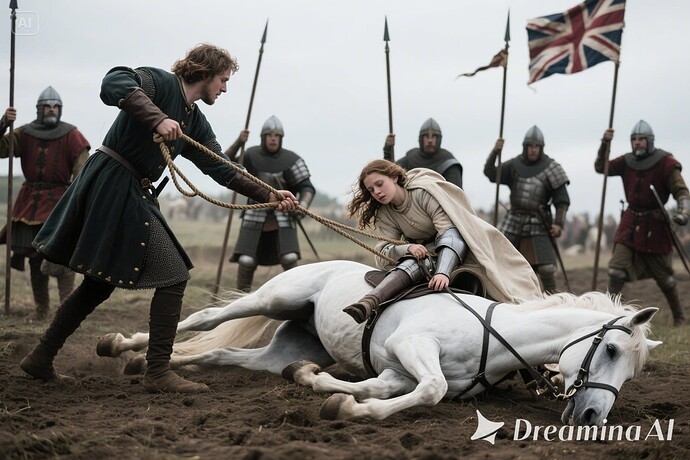 jimeng-2025-06-06-482-In the battlefield, Joan, an 18 year old French girl, wearing light armors, fa...
