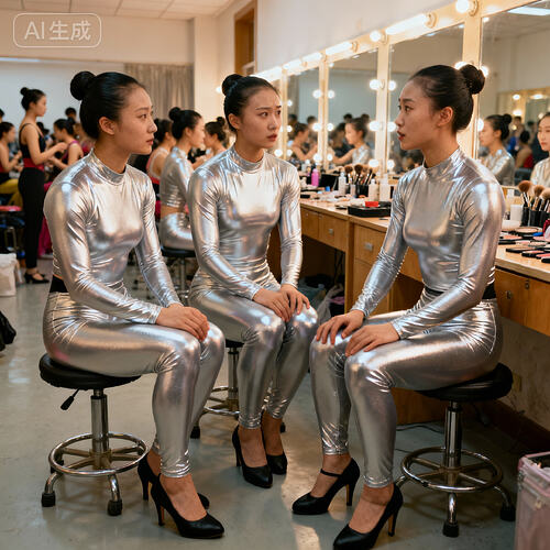 jimeng-2025-11-10-9155-化妆室里，三位身着长袖长裤银色紧身衣的素颜壮硕中国美女杂技演员在坐在凳子上交谈，...