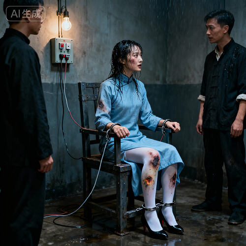 jimeng-2025-11-10-3620-刑讯室内，一位身着长袖高领长款朴素浅蓝色民国旗袍的素颜中国美女杂技演员坐在一个铁...