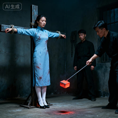 jimeng-2025-11-10-5298-刑讯室内，一位身着长袖高领长款朴素浅蓝色民国旗袍的素颜中国美女杂技演员被双臂平伸...
