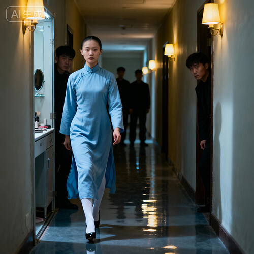 jimeng-2025-11-10-5035-身着长袖高领长款浅蓝色朴素民国旗袍的素颜中国美女杂技演员走出化妆室进入一个走廊里...