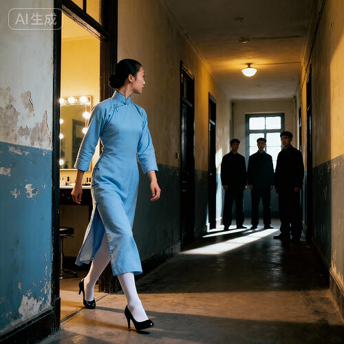 jimeng-2025-11-10-8536-身着长袖高领长款浅蓝色朴素民国旗袍的素颜中国美女杂技演员走出化妆室进入一个走廊里...
