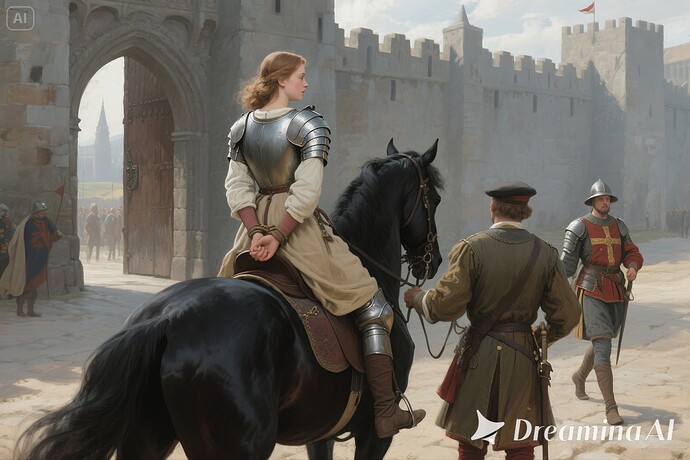 jimeng-2025-06-06-483-At the city gate, Joan, a French young woman, wearing light armors, hands secu...