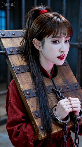 jimeng-2025-10-06-4987-对戴枷女子进行半身特写，画面超高清重绘，呈现极致细节，具有电影画质。去除所有与人....
