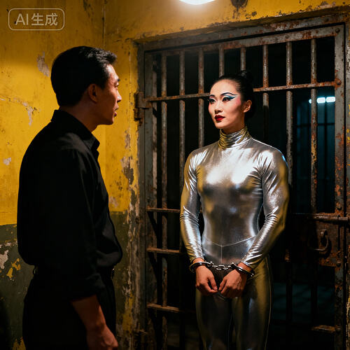 jimeng-2025-11-10-2922-民国监狱里，身着长袖长裤高领银色紧身衣的壮硕画着舞台妆的中国美女杂技演员双手被手...