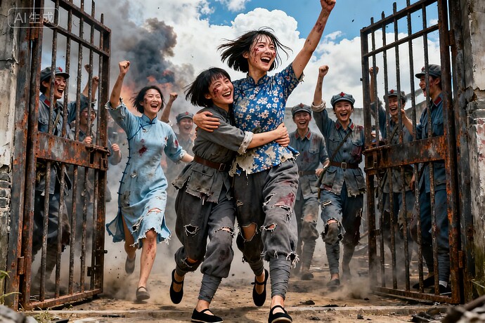 jimeng-2025-09-26-5316-不对称构图，细节完美，杰作。 硝烟弥漫的女牢，锈铁栅栏门扭曲，胜利归来的满身伤痕...