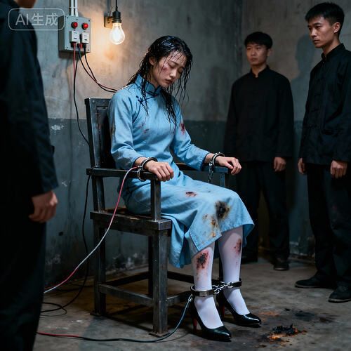 jimeng-2025-11-10-6861-刑讯室内，一位身着长袖高领长款朴素浅蓝色民国旗袍的素颜中国美女杂技演员坐在一个铁...