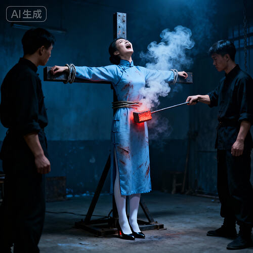 jimeng-2025-11-10-3023-刑讯室内，一位身着长袖高领长款朴素浅蓝色民国旗袍的素颜中国美女杂技演员被双臂平伸...