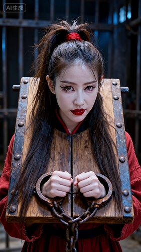 jimeng-2025-10-06-6864-对戴枷女子进行半身特写，画面超高清重绘，呈现极致细节，具有电影画质。去除所有与人....