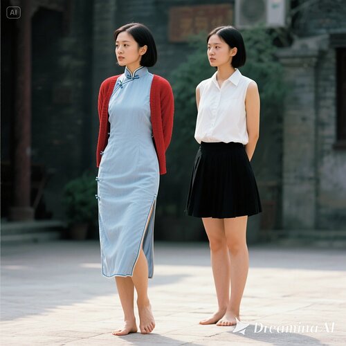 jimeng-2025-06-02-107-江姐， 面容姣好的女革命者，穿着浅蓝色旗袍，外面套一件红色毛衣敞开着，露出大部分旗袍，光脚，双臂背在身后；另一名女青年， 上身穿无袖白衫，下身黑色短裙，也是...