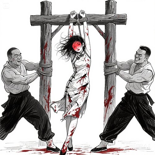 jimeng-2025-05-26-271-打手们从刑讯架上拽下那根还残留着血迹的绳子，抻开年轻女子林雪的双臂，将她的手腕紧紧拴住，猛地用力一拉，林雪的双臂瞬间被高高吊起，整个人悬在半空，