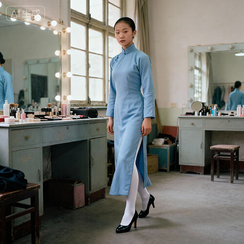 jimeng-2025-11-10-3932-身着长袖高领长款浅蓝色朴素民国旗袍的素颜中国美女杂技演员潜入一个化妆室，腿上穿白...