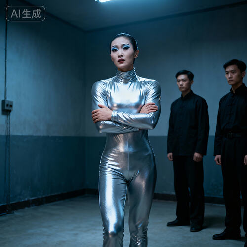 jimeng-2025-11-10-1704-民国时期没有任何东西的审讯室里，身着长袖长裤高领银色紧身衣的壮硕画着舞台妆的中国...