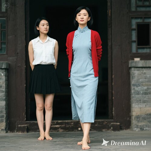 jimeng-2025-06-02-105-江姐， 面容姣好的女革命者，穿着浅蓝色旗袍，外面套一件红色毛衣敞开着，露出大部分旗袍，光脚，双臂背在身后；另一名女青年， 上身穿无袖白衫，下身黑色短裙，也是...