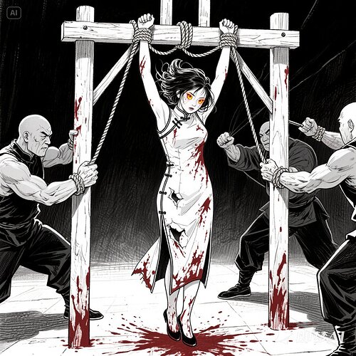 jimeng-2025-05-26-274-打手们从刑讯架上拽下那根还残留着血迹的绳子，抻开年轻女子林雪的双臂，将她的手腕紧紧拴住，猛地用力一拉，林雪的双臂瞬间被高高吊起，整个人悬在半空3，