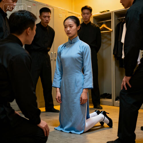 jimeng-2025-11-10-4328-更衣室内，一位身着长袖高领长款朴素浅蓝色民国旗袍的素颜中国美女杂技演员，腿上穿白...